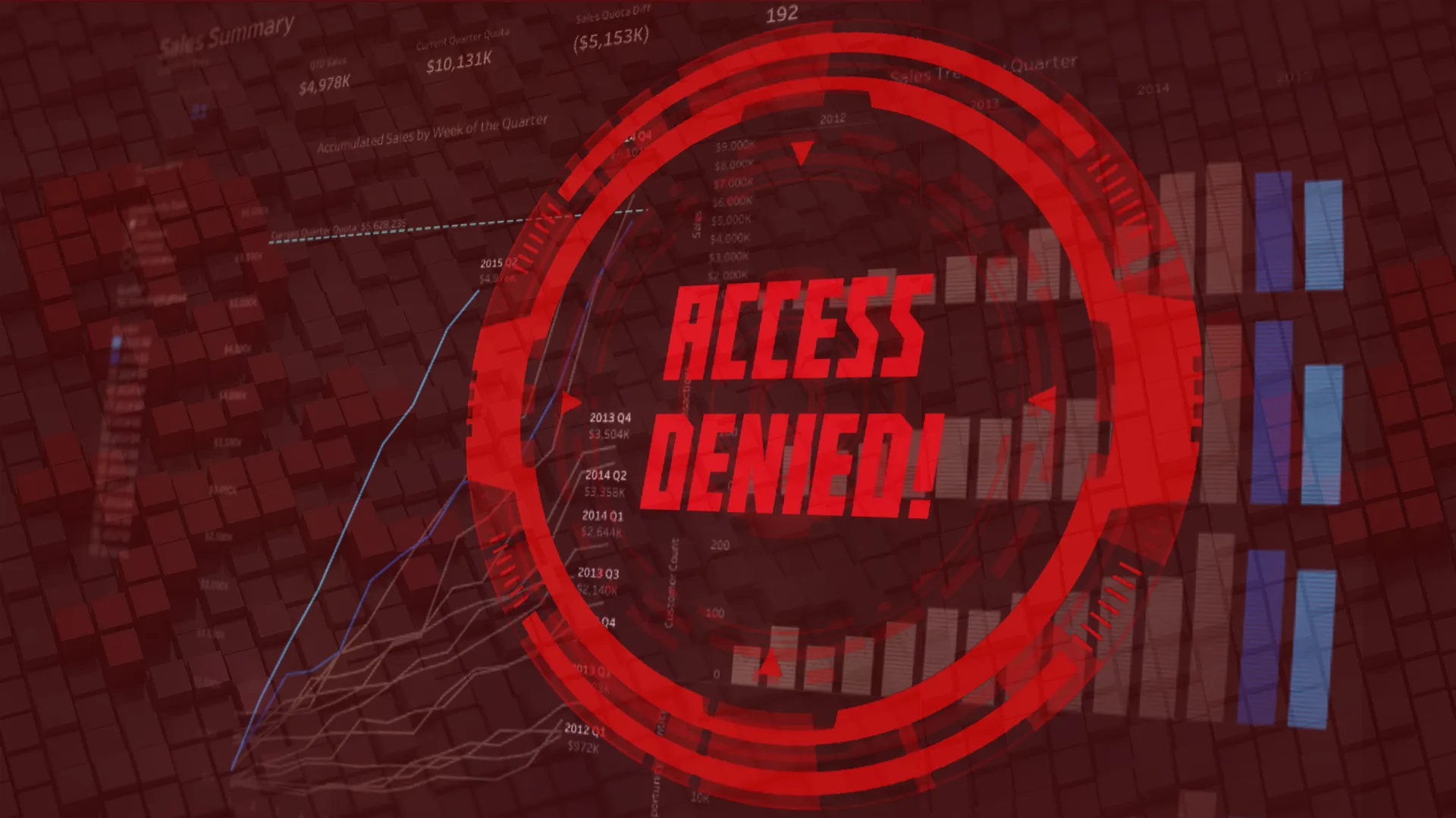 A red access-denied security interface over a data visualization.
