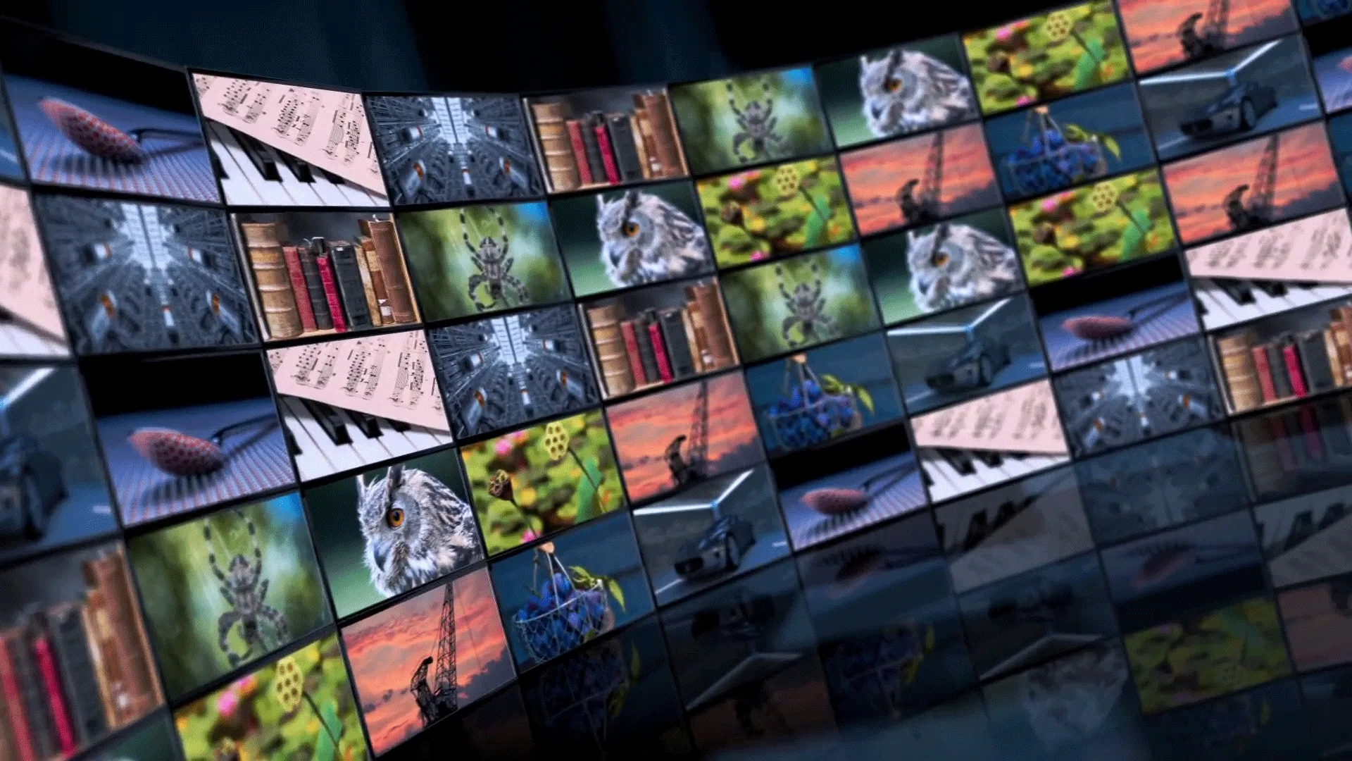 A mosaic of media and marketing imagery displayed on screens.