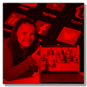 A woman gives a thumbs up gesture next to an open laptop and an assortment of social media apps